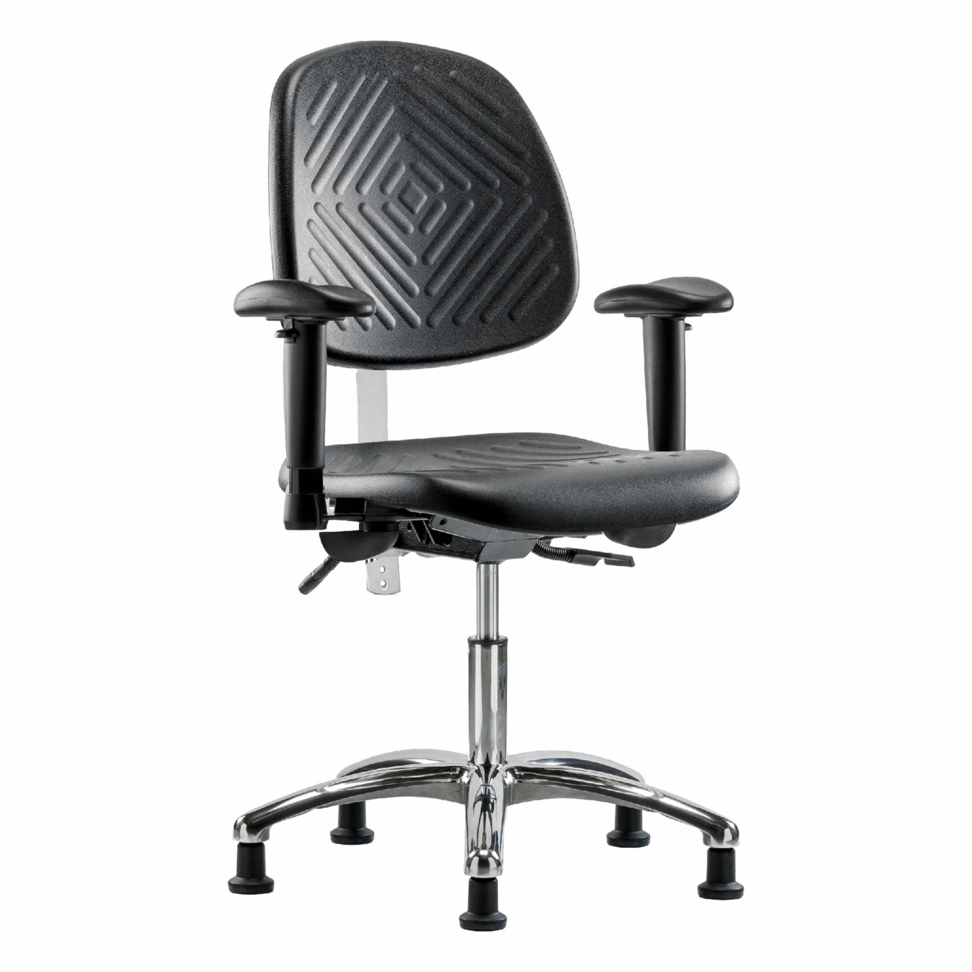 Cleanroom Chair: Polyurethane, Arms Included, Ht Range 17 1/2 in to 22 3/4 in, 16 in Seat Wd, Adj