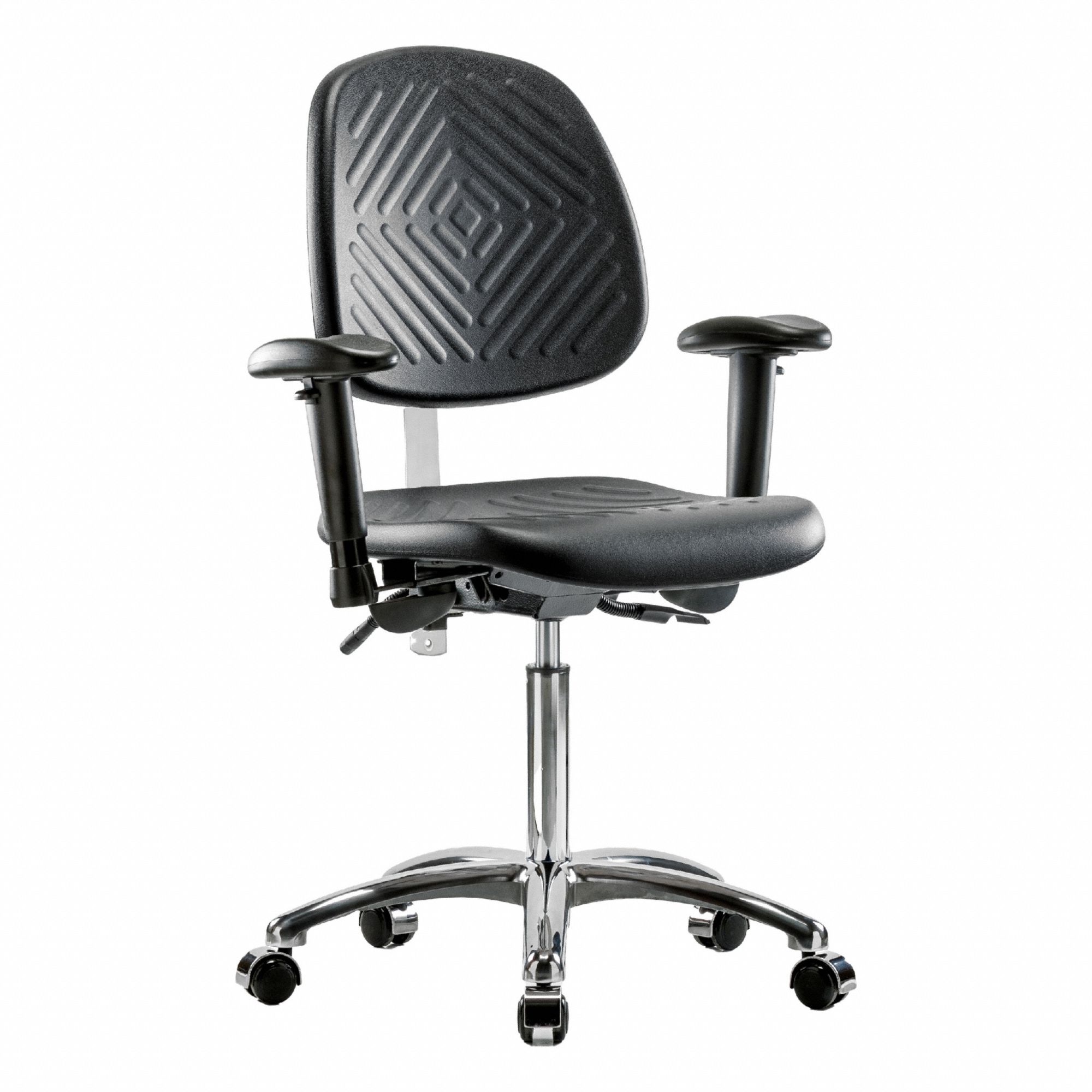 Cleanroom Task Chair: Polyurethane, Arms Included, Ht Range 20 1/4 in to 28 in, 16 in Seat Wd, Adj