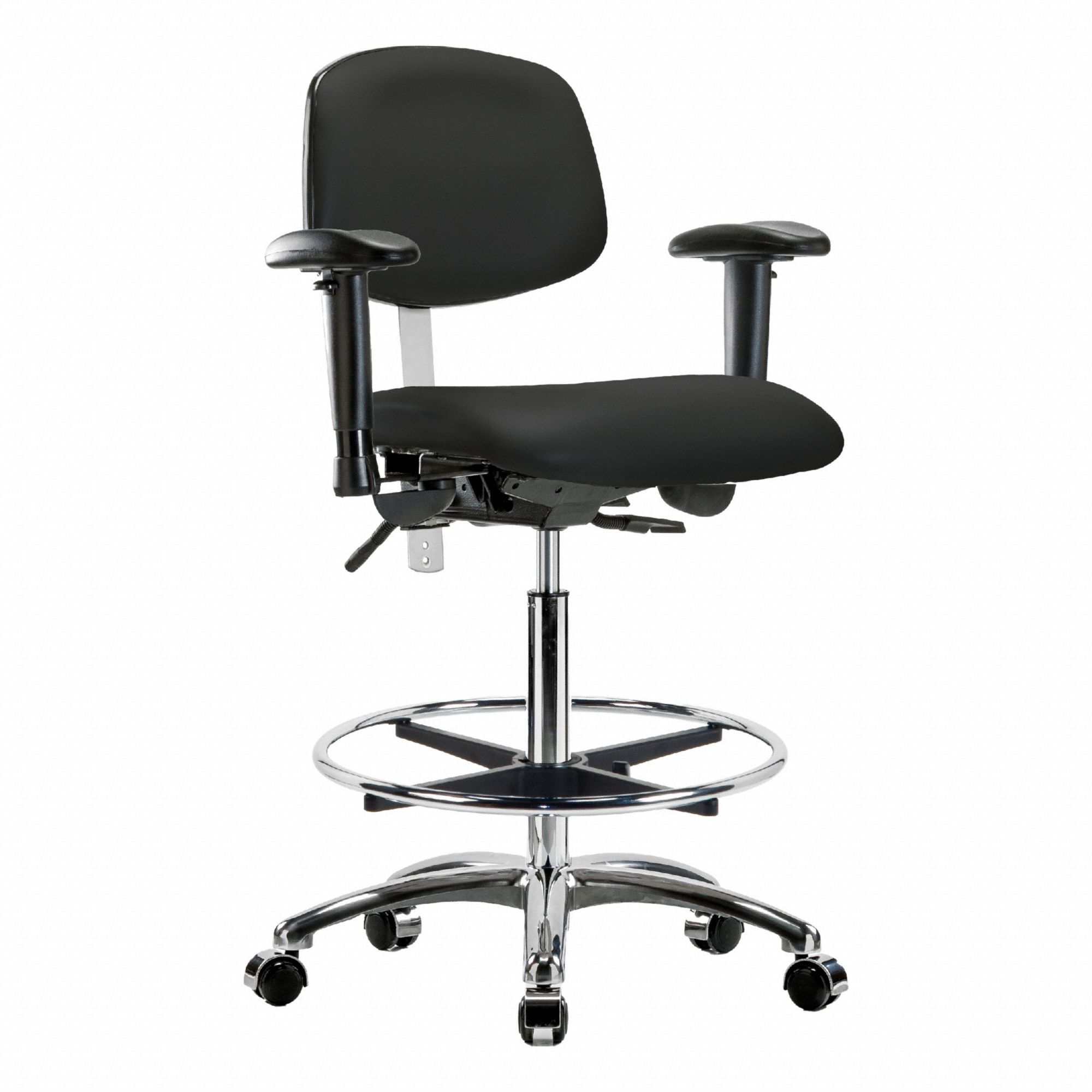 Cleanroom Task Chair: Vinyl, Arms Included, Ht Range 26 1/4 in to 36 in, 18 1/2 in Seat Wd, Adj