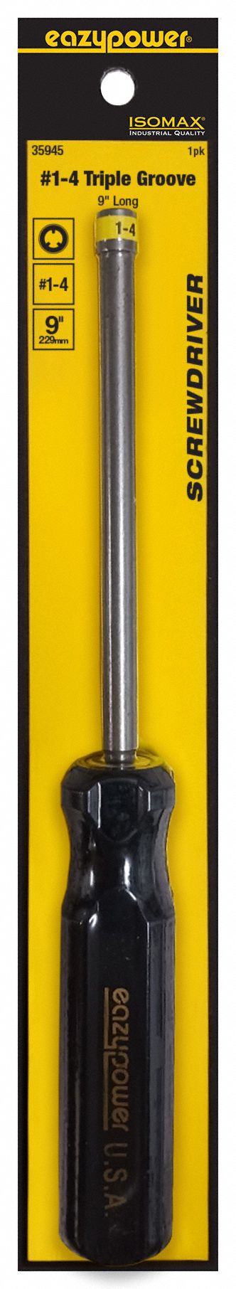 Screwdriver: Triple Groove Series, Steel, #4-5 Tip Size, 5 in Shank Lg, 9 in Overall Lg