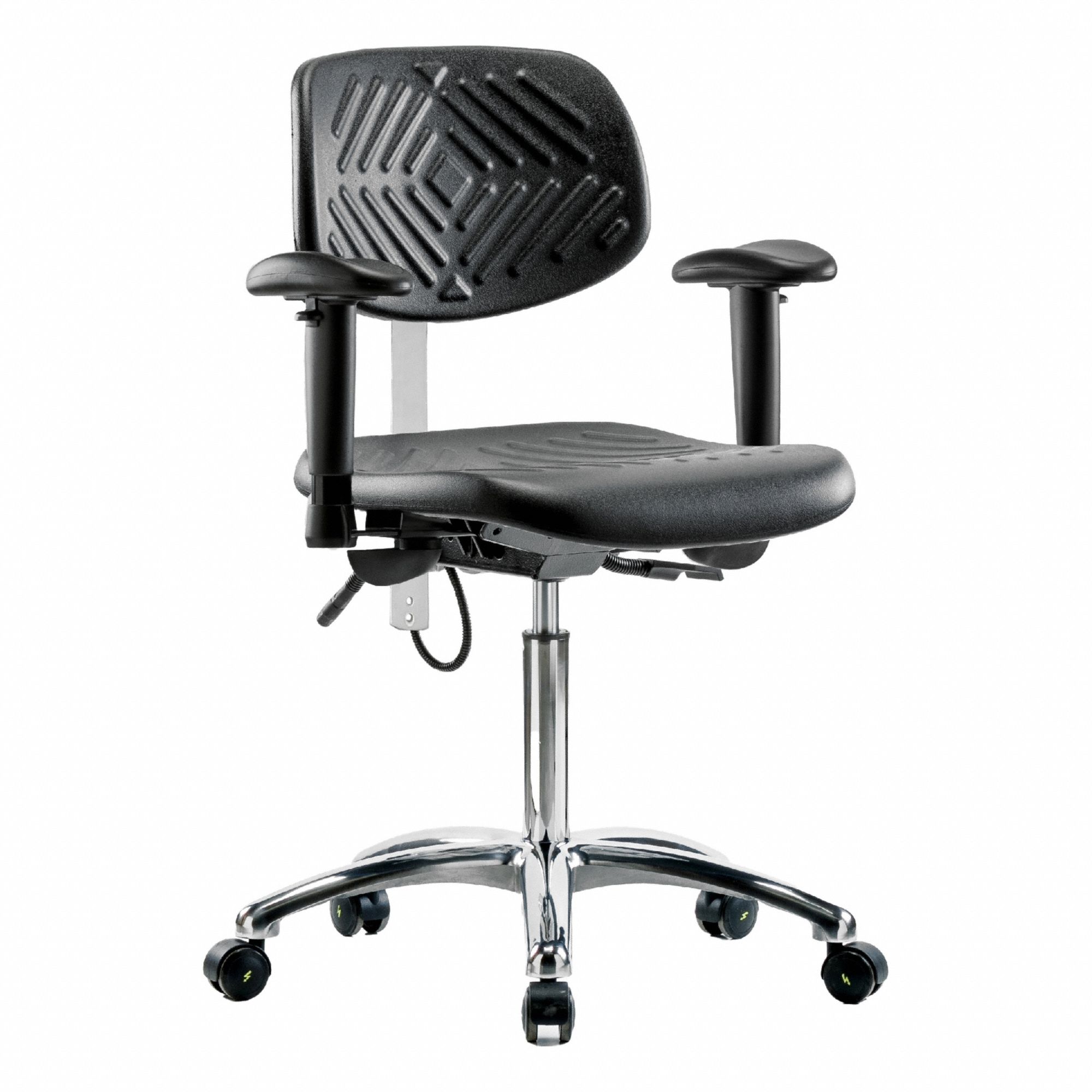 ESD Task Chair: Polyurethane, Arms Included, Ht Range 20 1/4 in to 28 in, 16 in Seat Wd, Adj, ISO 5
