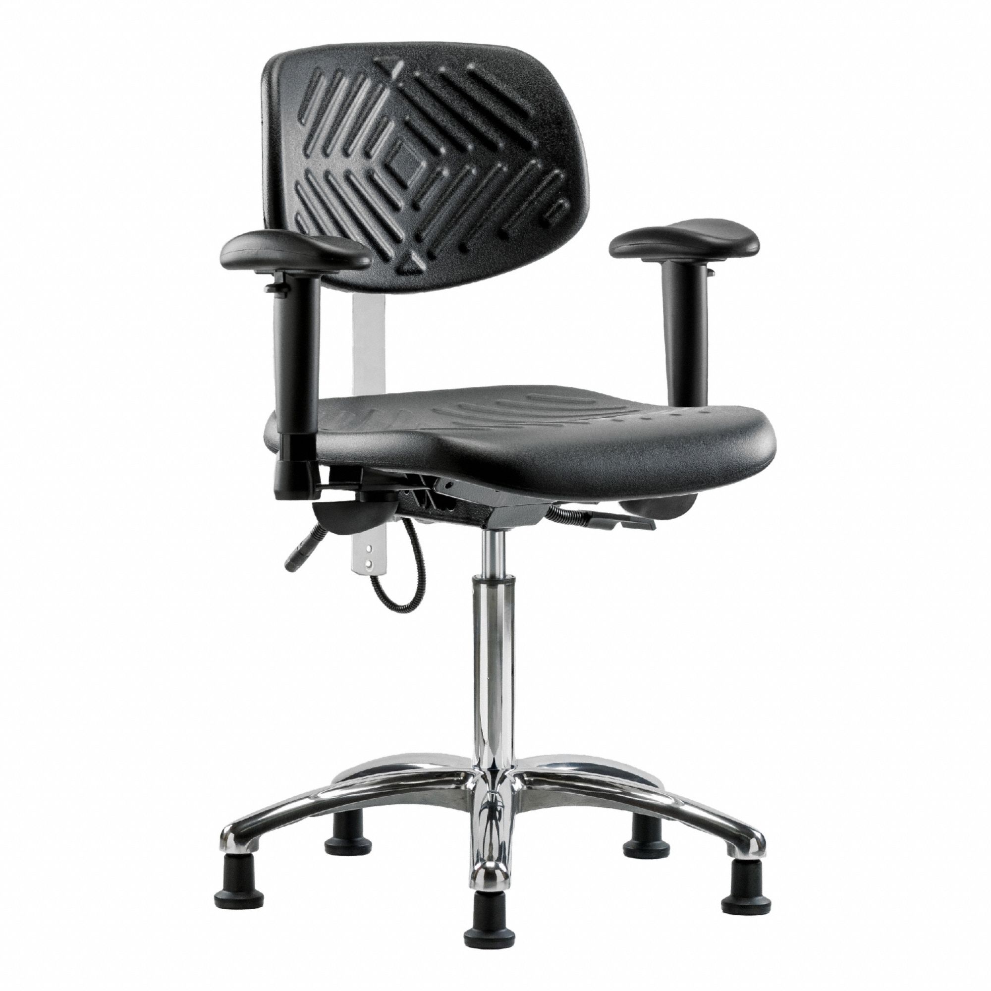 ESD Task Chair: Polyurethane, Arms Included, Ht Range 20 1/4 in to 28 in, 16 in Seat Wd, Adj, ISO 5