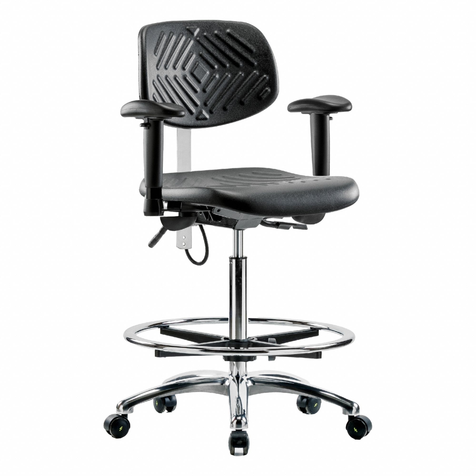 ESD Task Chair: Polyurethane, Arms Included, Ht Range 24 1/2 in to 34 3/4 in, 16 in Seat Wd, Adj