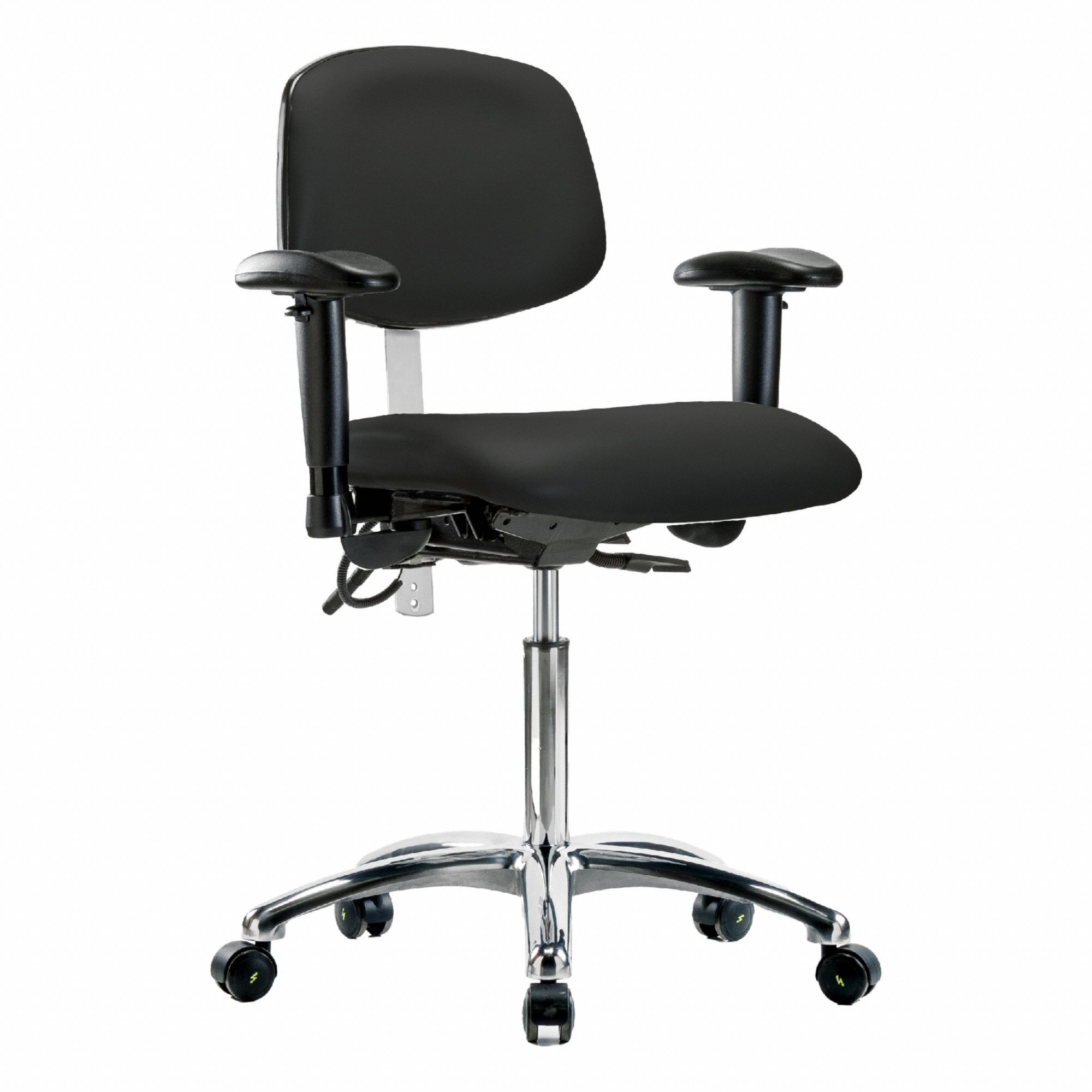 ESD/Cleanroom Task Chair: Vinyl, Arms Included, Ht Range 21 1/2 in to 29 in, 19 in Seat Wd, Adj