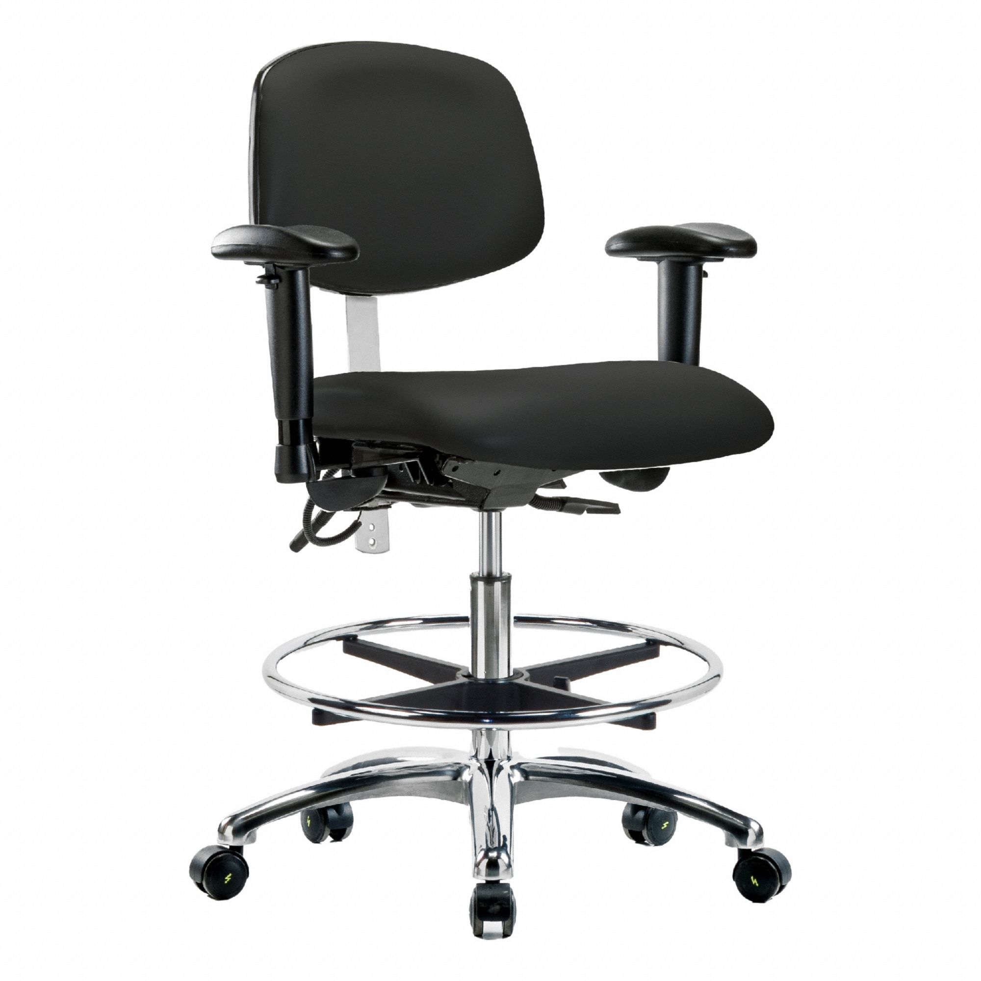 ESD/Cleanroom Task Chair: Vinyl, Arms Included, Ht Range 21 1/2 in to 29 in, 19 in Seat Wd, Adj