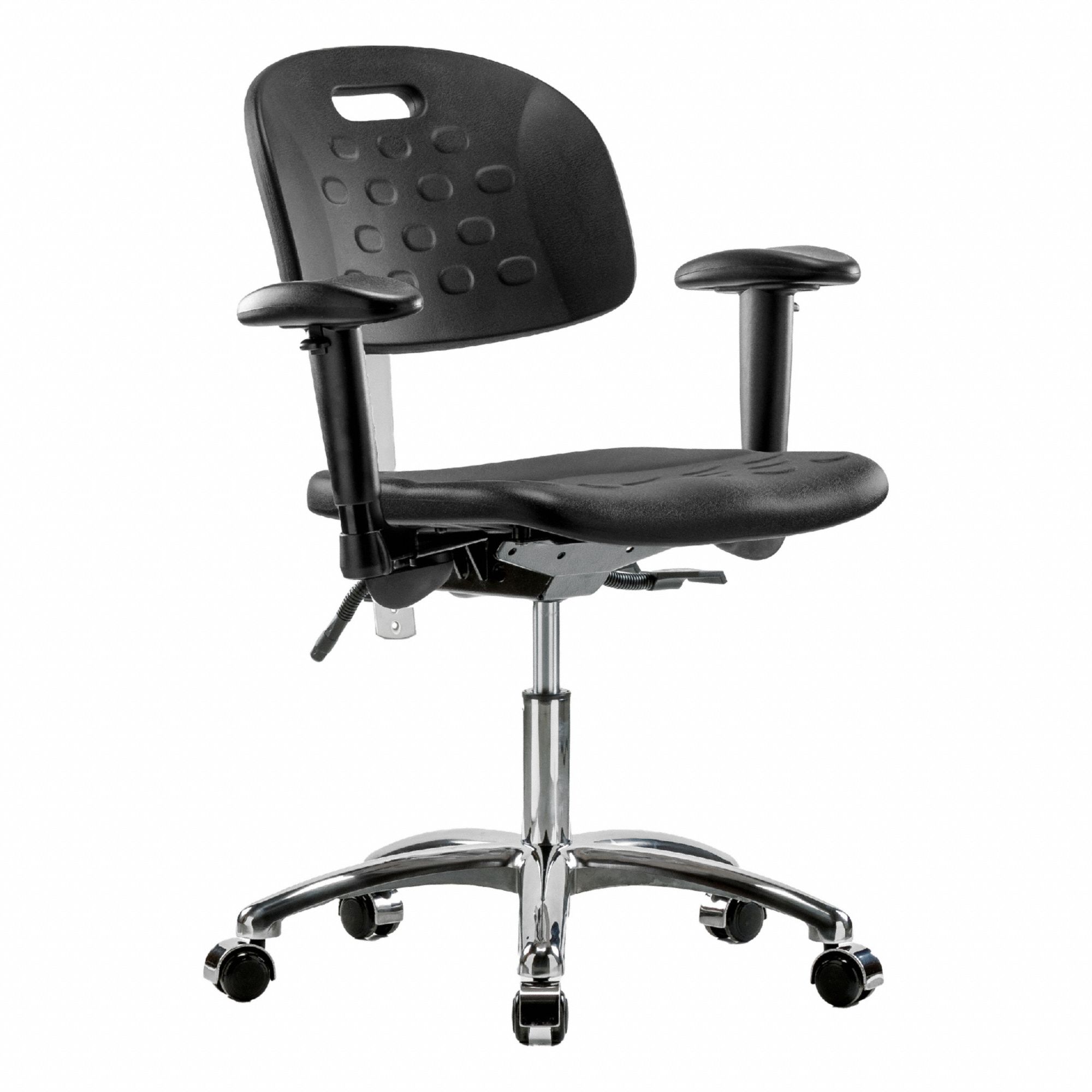 Cleanroom Task Chair: Polyurethane, Arms Included, Ht Range 17 3/4 in to 23 in, 18 in Seat Wd, Adj