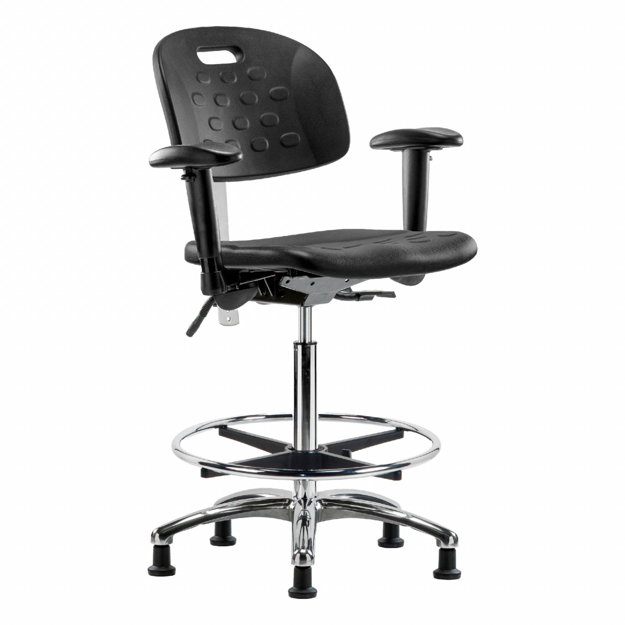 Cleanroom Task Chair: Polyurethane, Arms Included, Ht Range 24 3/4 in to 35 in, 18 in Seat Wd, Adj