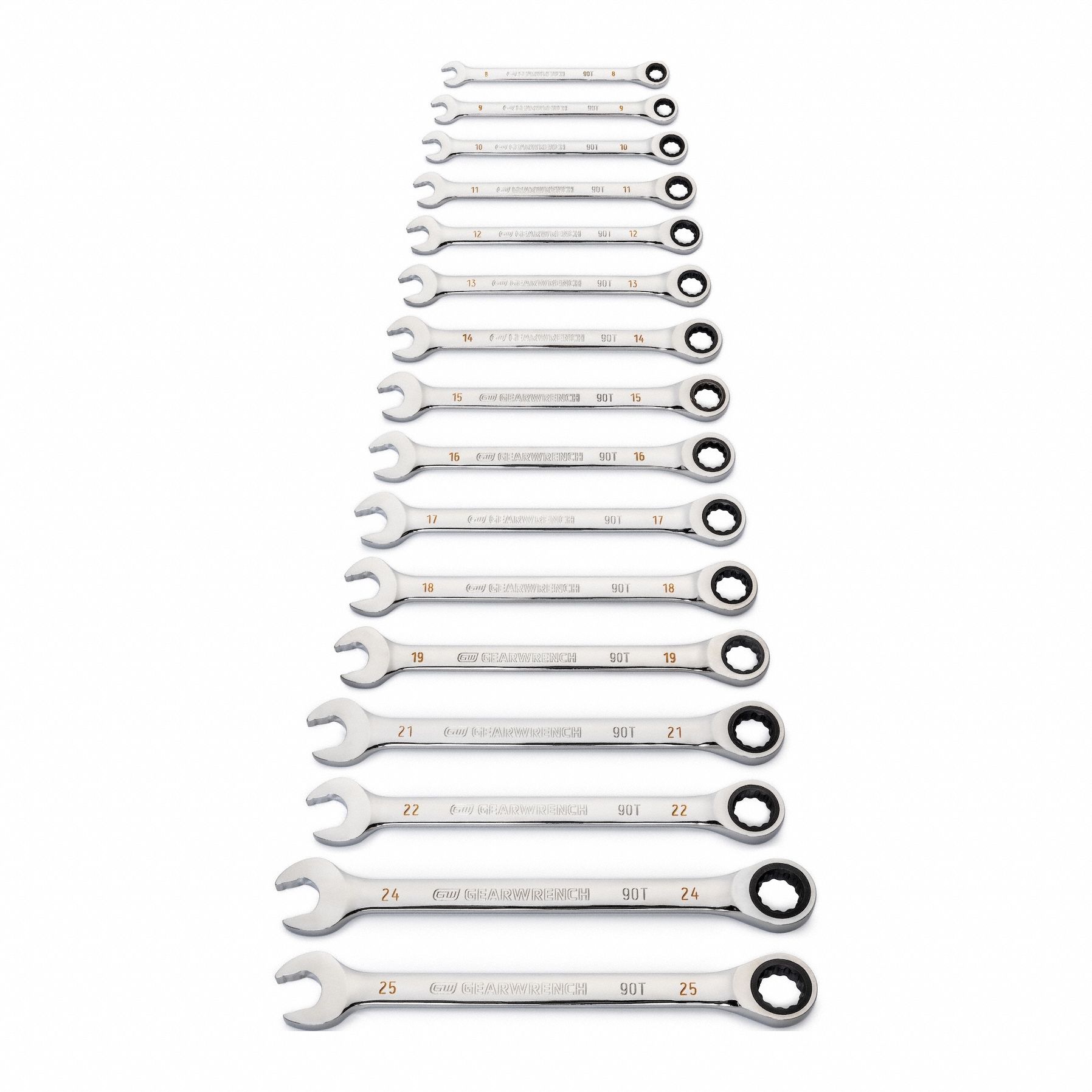 GEARWRENCH Combination Ratcheting Wrench Set: Alloy Steel, Full Polish Chrome, 16 Tools, Std, SAE (MPN 86928). Key specifications — attr309581: Full Polish Chrome; attr309580: Alloy Steel; attr309571: No; attr309583: No; attr309587: Yes; attr324931: GEARWRENCH; attr309569: 8 mm to 25 mm.