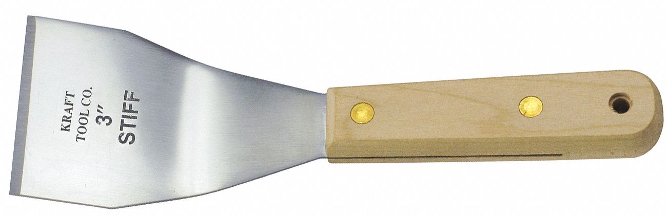 SCRAPER, STAINLESS STEEL BLADE, WOOD HANDLE, STIFF, STRAIGHT BLADE, 3 IN