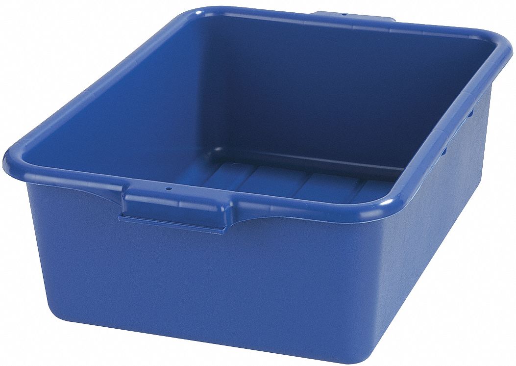 Tote Box: 30 qt Capacity, Blue Body, Polyethylene, 7 in Overall Ht, 15 1/2 in Overall Lg
