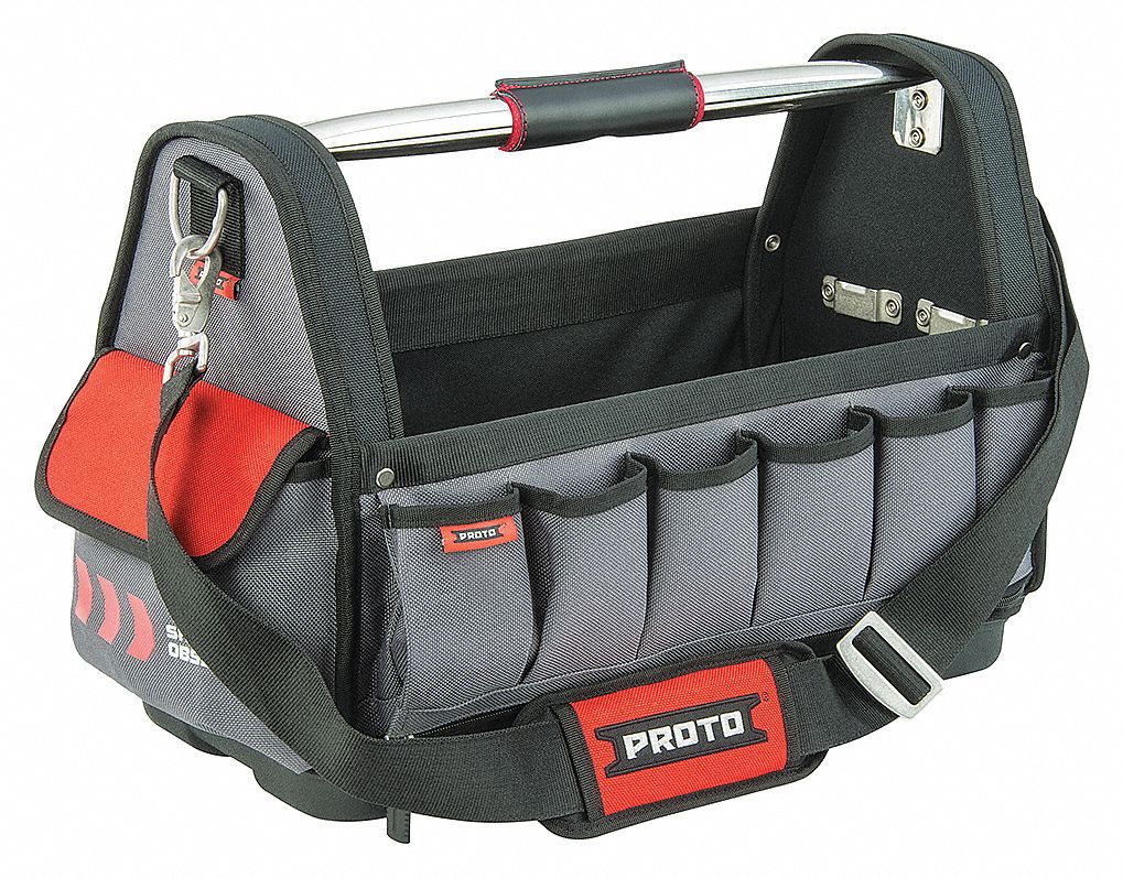 OPEN TOTE TOOL BAG, 10 POCKETS, GREY/RED, 19 1/2 X 9 1/2 X 14 1/2 IN,  DENIER FABRIC/LEATHER