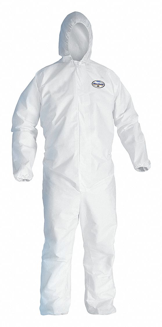 HOODED DISPOSABLE COVERALLS, MICROPOROUS FILM, ATTACHED BOOTS, WHITE, 2XL