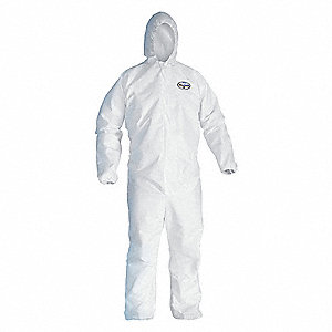 HOODED DISPOSABLE COVERALLS, ELASTIC CUFFS/ANKLES, SERGED SEAM, A45, WHITE