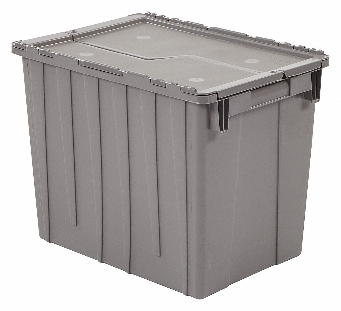 Attached Lid Tote: 16.5 gal, 21 3/4 in x 15 1/4 in x 17 1/8 in, Gray Body, Gray Lid, Plastic