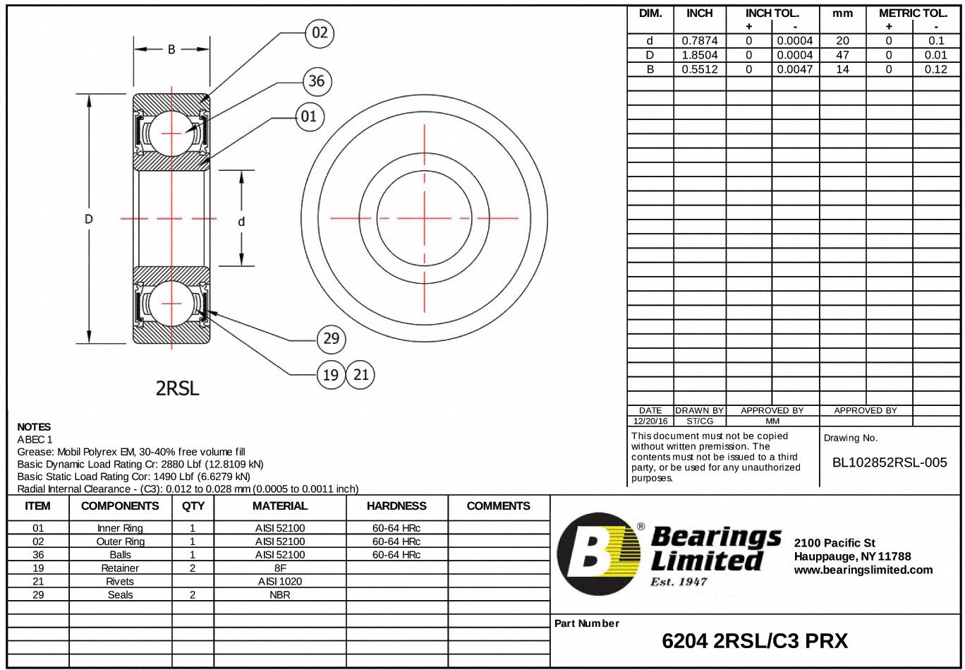 TRITAN Radial Ball Bearing, Double Sealed, 20mm Bore Dia., 47mm Outside
