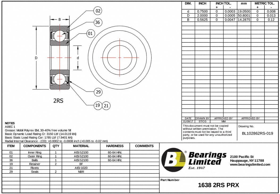Sealed Bearings 1638 RS Ball Bearing 3/4" x 2" inch 1638RS 0.750" Bore Inner ID 