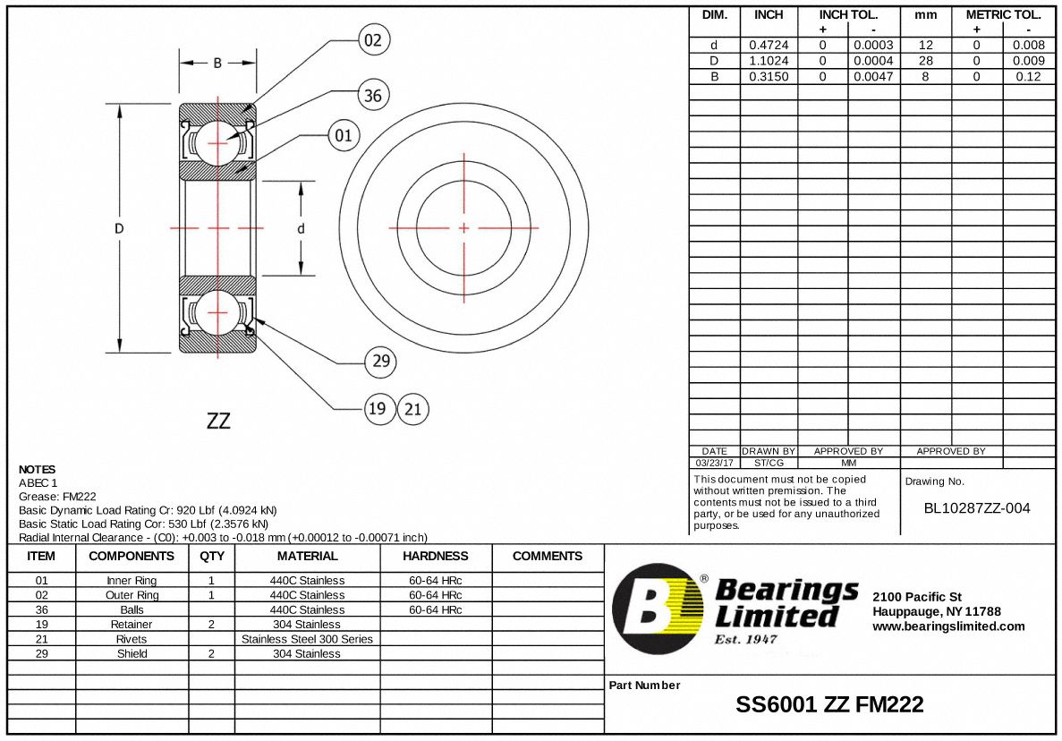 TRITAN Radial Ball Bearing 12 mm Bore Dia., 28 mm Outside Dia., 8 mm