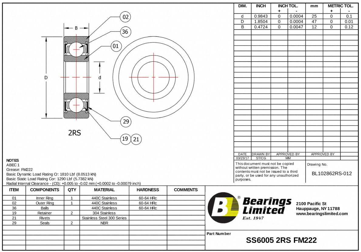 BL Radial Ball Bearing, Double Sealed, 25 mm Bore Dia., 47 mm Outside
