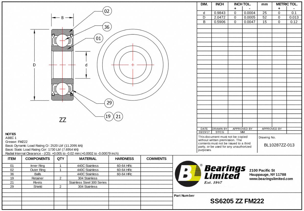 TRITAN Radial Ball Bearing 25 mm Bore Dia., 52 mm Outside Dia., 15 mm