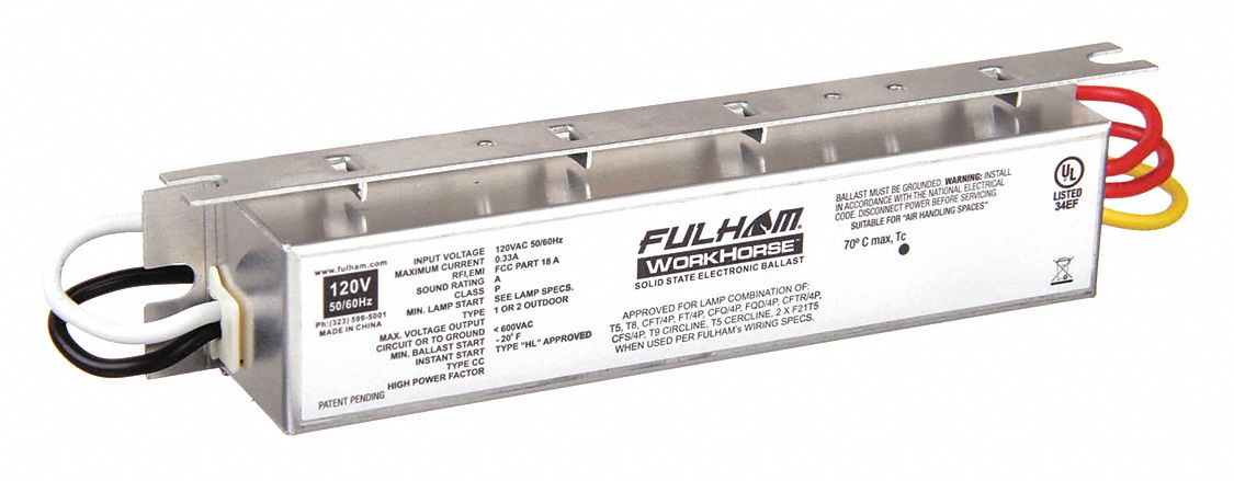 Fluorescent Ballast: 120V AC, 1 Lamps Supported, 6 in Overall Lg, 1 in Overall Wd