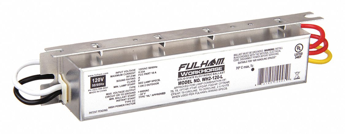 Fluorescent Ballast: 120V AC, 1/2 Lamps Supported, 5 1/2 in Overall Lg, 1 in Overall Wd