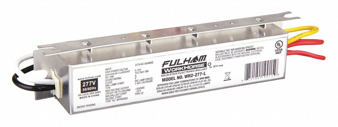 Fluorescent Ballast: 277V AC, 1/2 Lamps Supported, 5 1/2 in Overall Lg, 1 in Overall Wd
