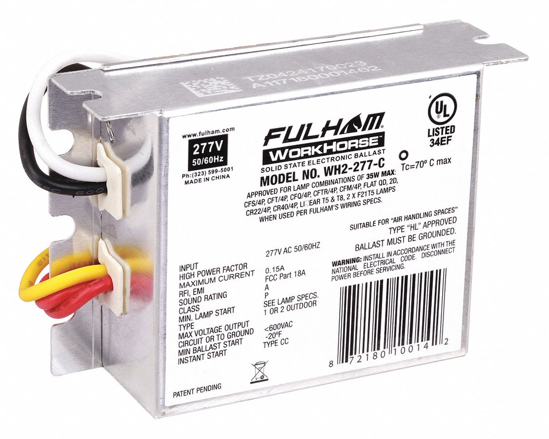 Fluorescent Ballast: 277V AC, 1/2 Lamps Supported, 3 3/8 in Overall Lg, 1 3/4 in Overall Wd