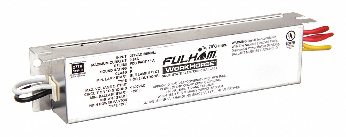 Fluorescent Ballast: 120V AC, 1/2 Lamps Supported, 6 1/2 in Overall Lg, 1 1/2 in Overall Wd