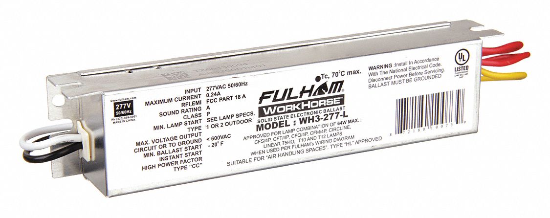Fluorescent Ballast: 277V AC, 1/2 Lamps Supported, 6 1/2 in Overall Lg, 1 1/2 in Overall Wd