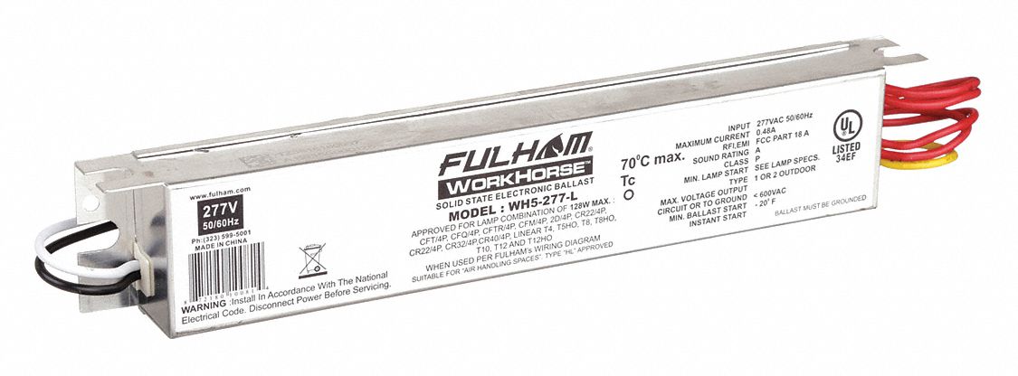 Fluorescent Ballast: 277V AC, 1/2/3/4 Lamps Supported, 9 1/2 in Overall Lg