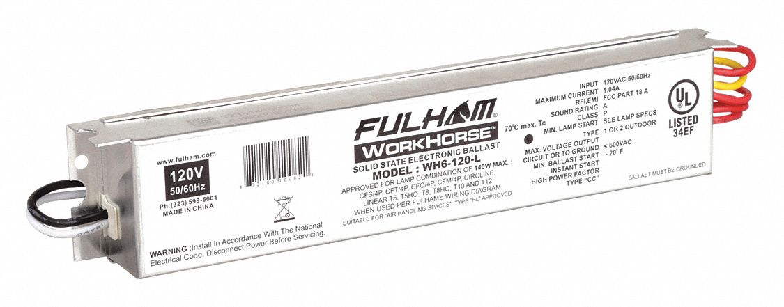 Fluorescent Ballast: 120V AC, 1/2/3/4 Lamps Supported, 8 1/2 in Overall Lg