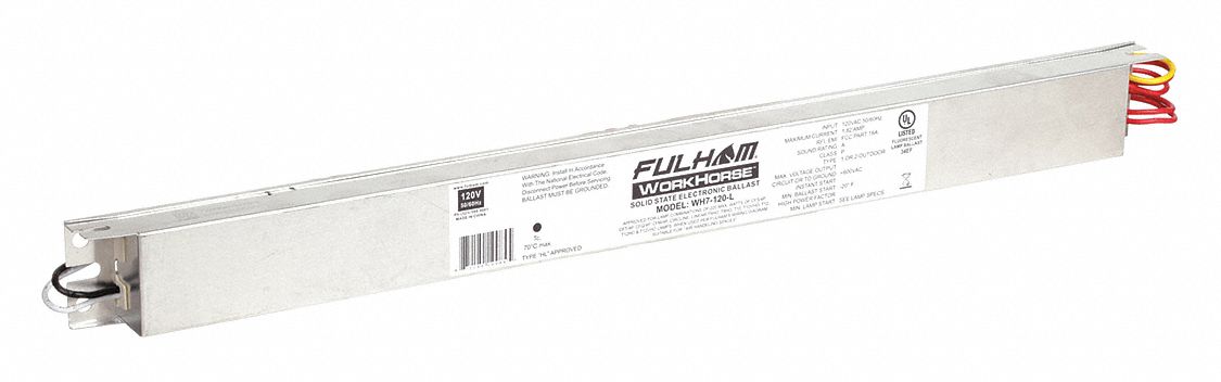 Fluorescent Ballast: 120V AC, 1/2/3/4 Lamps Supported, 19 1/4 in Overall Lg