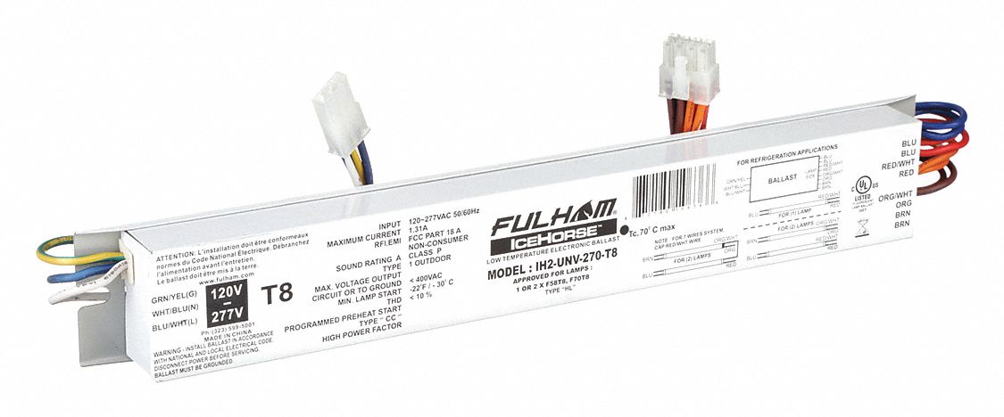 Fluorescent Ballast: 120 to 277V AC, 1/2 Lamps Supported, 157 W Bulb Watt, 12 in Overall Lg