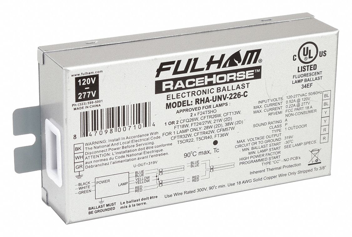 CFL Ballast: 120 to 277V AC, 1/2 Lamps Supported, 18 W_28 W_38 W_39 W Bulb Watt, Electronic