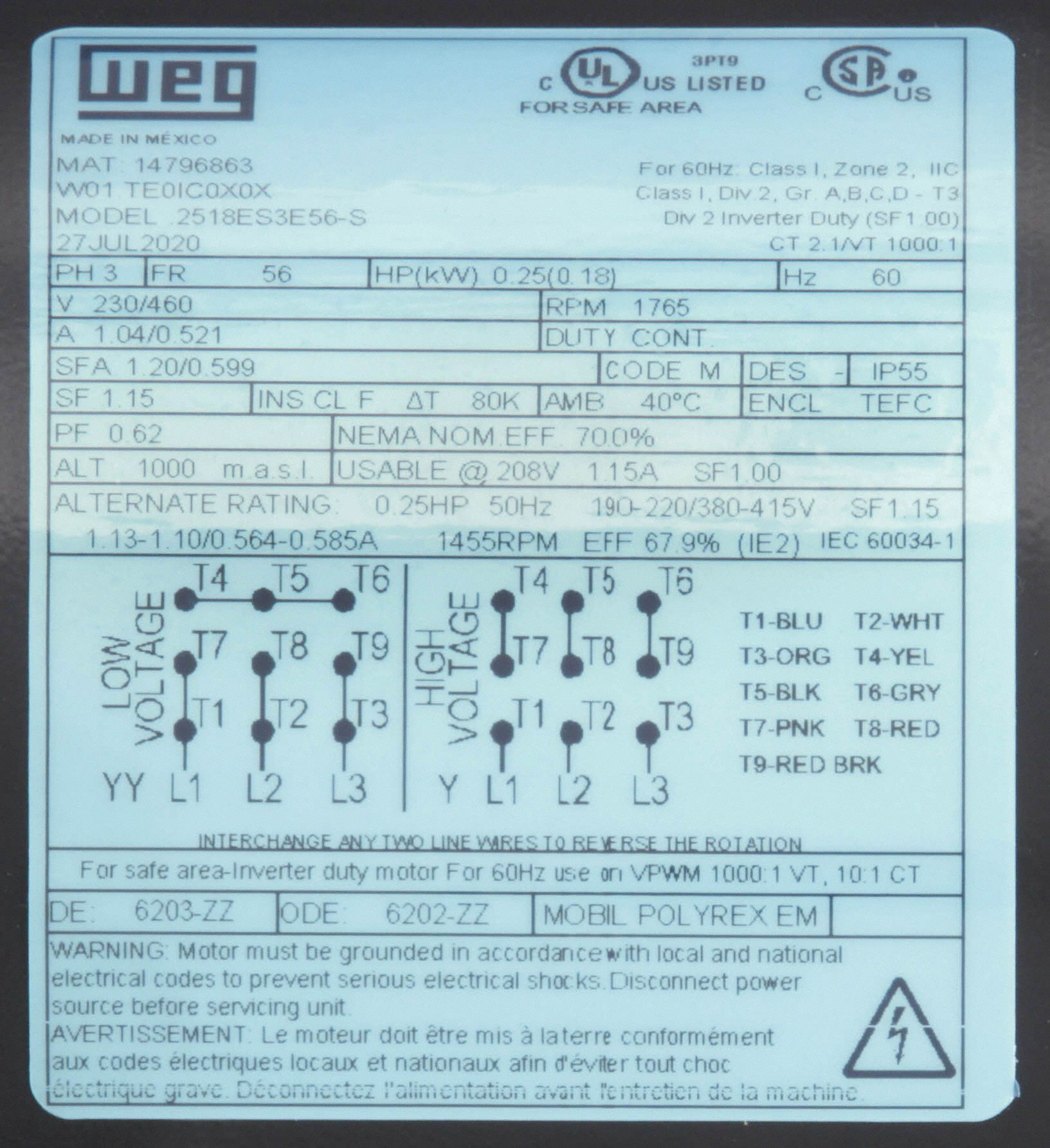 WEG General Purpose Motor, 1/4 HP, 3Phase, Nameplate RPM 1,765