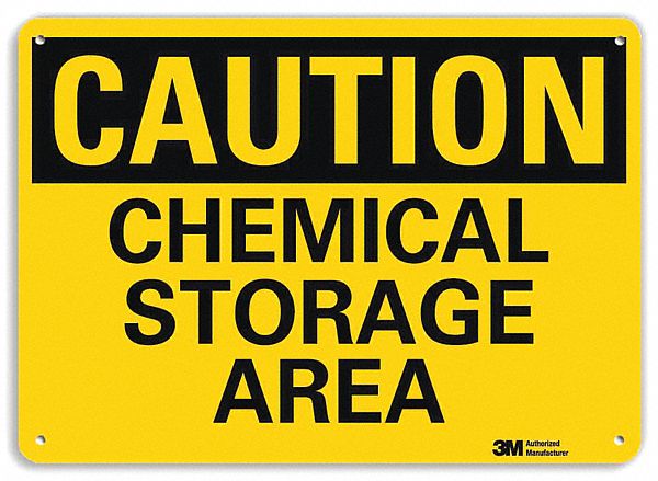 CAUTION SIGN, ALUMINUM, MOUNTING HOLES, 10 IN X 14 IN NOMINAL SIGN SIZE, 0.04 IN THICK, CHEMICAL STORAGE AREA