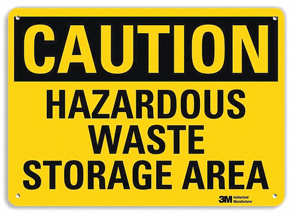 CAUTION SIGN, ALUMINUM, MOUNTING HOLES, 7 IN X 10 IN NOMINAL SIGN SIZE, ENGINEER GRADE, HAZARDOUS WASTE STORAGE AREA
