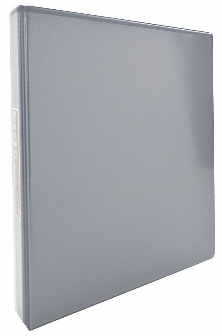 Ring Binder: 1 1/2 in Ring Size, Round, 280 Sheet Capacity, Clear Sleeve, Vinyl, Gray, 2 Pockets