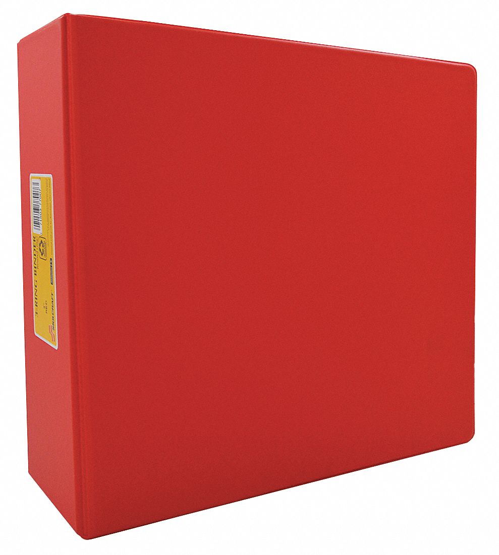 Ring Binder: 3 in Ring Size, Round, 575 Sheet Capacity, Plain, Vinyl, Red, 2 Pockets