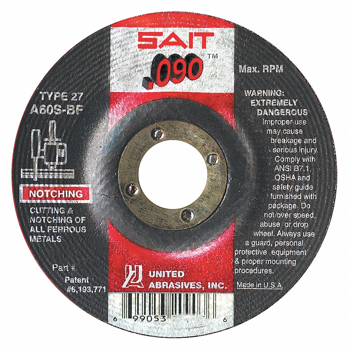Depressed Center Cut-Off Wheel: Type 27, 4 1/2" x 0.09" x 7/8", Aluminum Oxide, 60 Grit, A60S