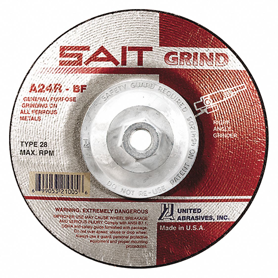 Depressed Center Grinding Wheel: Type 28, 4 1/2" x 1/4" x 5/8"-11, Aluminum Oxide, 24 Grit