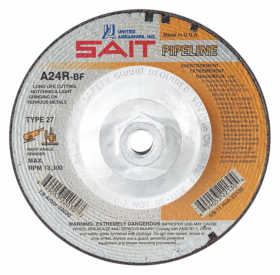SAIT A24RBF Abrasive Grinding Wheel 41/2 inch Type 27 Grinding Discs
