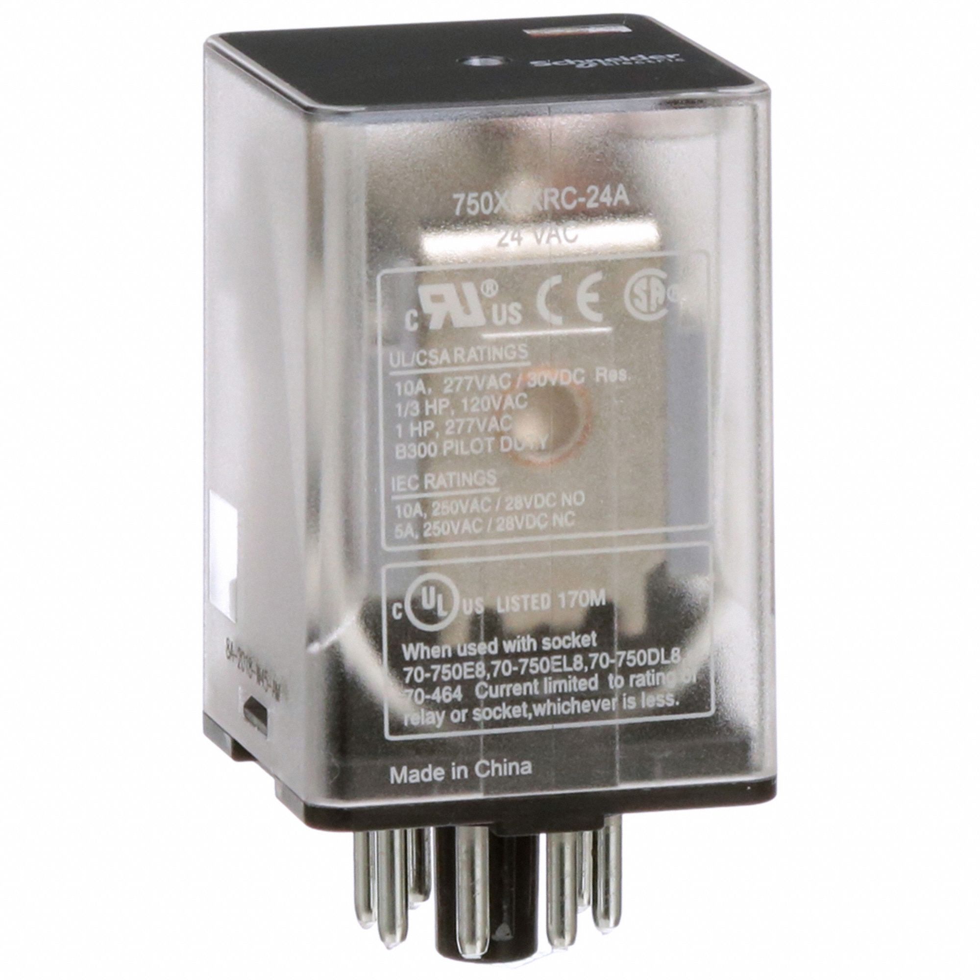 GENERAL PURPOSE RELAY, SOCKET MOUNTED, 10 A CURRENT RATING, 24V AC, 8 PINS/TERMINALS, DPDT