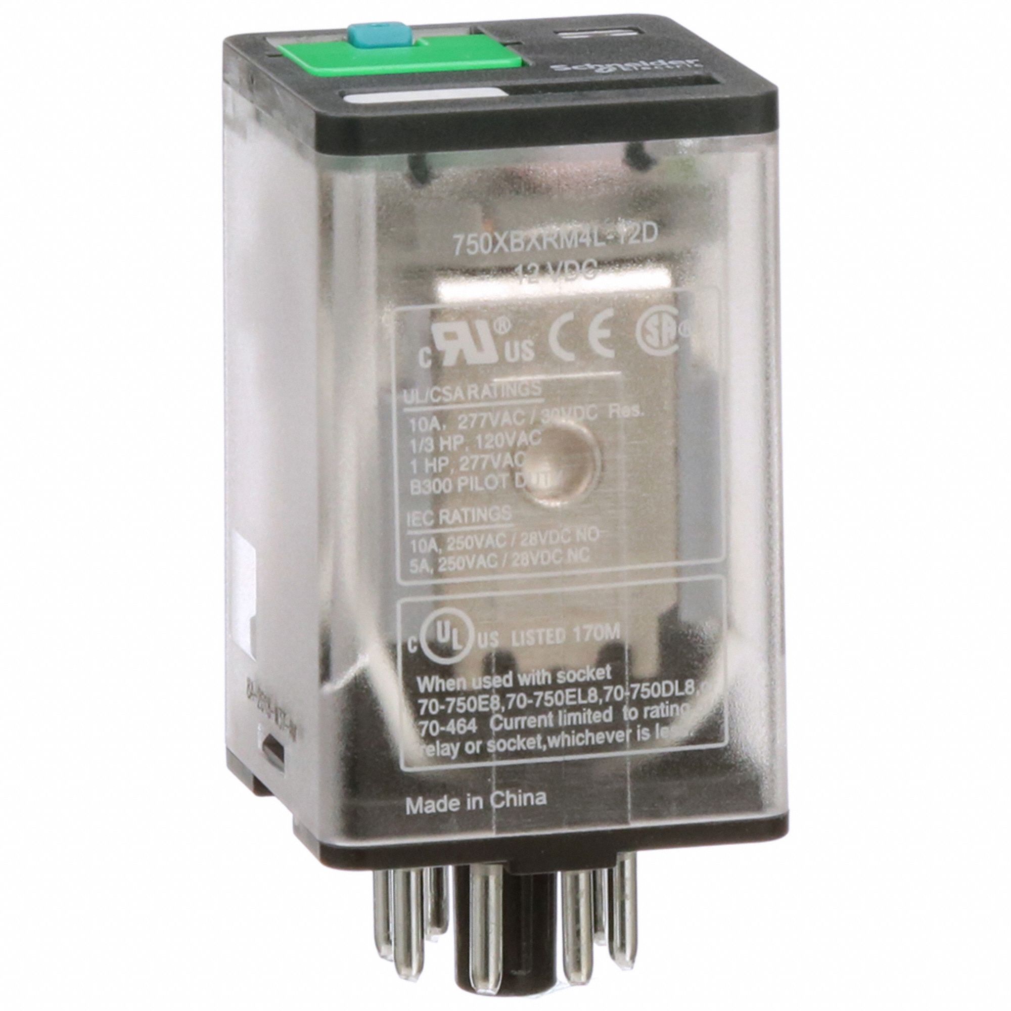 GENERAL PURPOSE RELAY, SOCKET MOUNTED, 10 A CURRENT RATING, 12V DC, 8 PINS/TERMINALS, DPDT