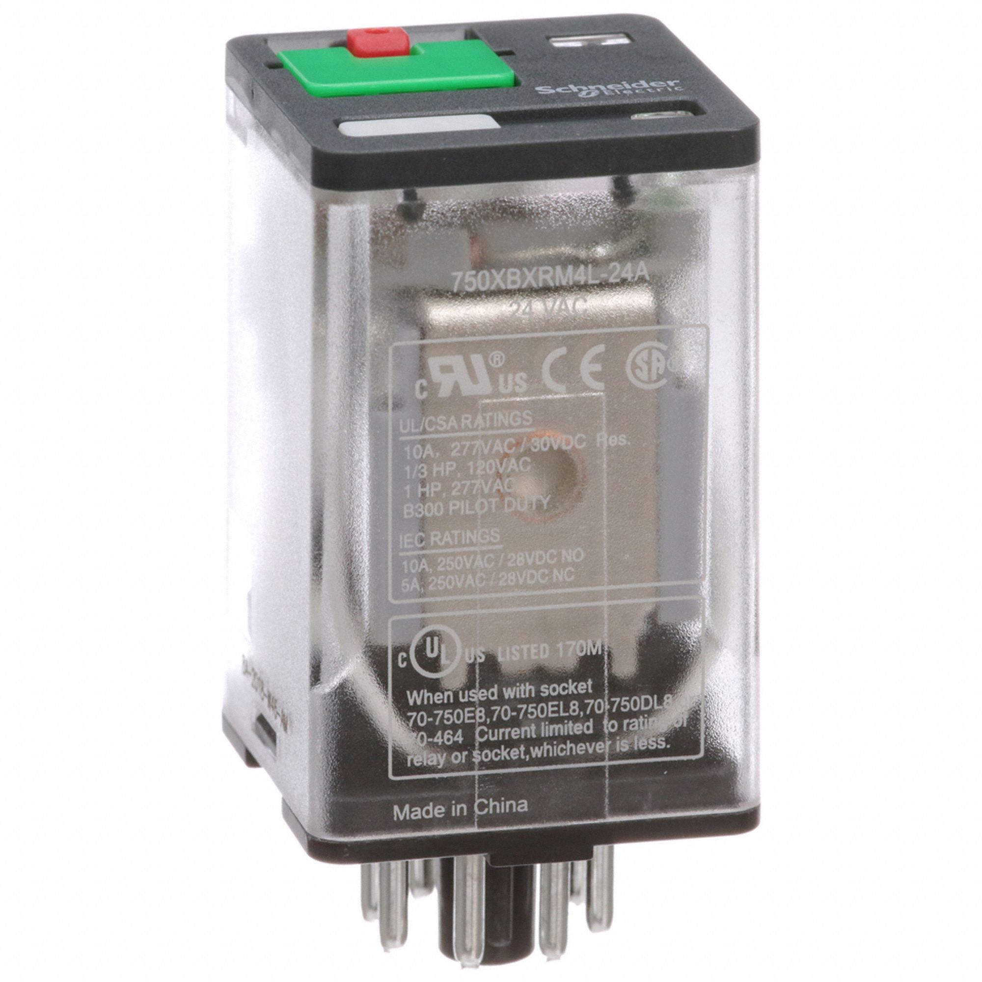 GENERAL PURPOSE RELAY, SOCKET MOUNTED, 10 A CURRENT RATING, 24V AC, 8 PINS/TERMINALS, DPDT