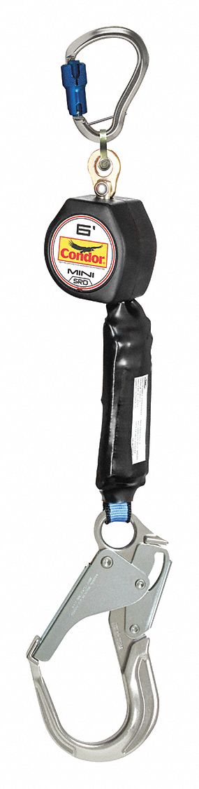 Self-Retracting Lifeline: 2 1/2 inAluminum Rebar Hook Anchor, Harness Aluminum Carabiner