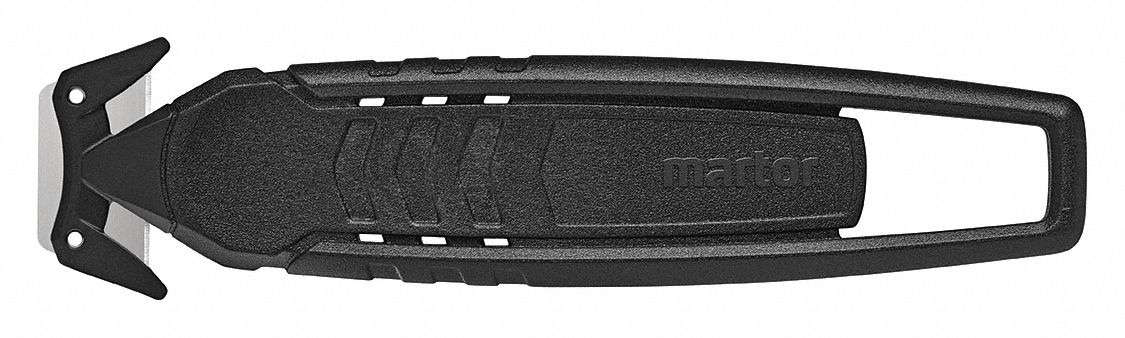 SAFETY CUTTER, STEEL, BLACK ERGONOMIC PLASTIC HANDLE, TEXTURED GRIP, FOR FILM/FOIL/PAPER, 2 BLADES, 2 IN L X 0.75 IN W