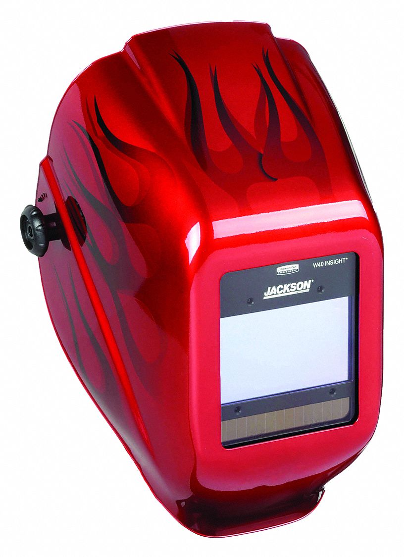 Welding Helmet: Auto-Darkening, 4 Arc Sensors, Red, Flames, W9 to W13, Digital