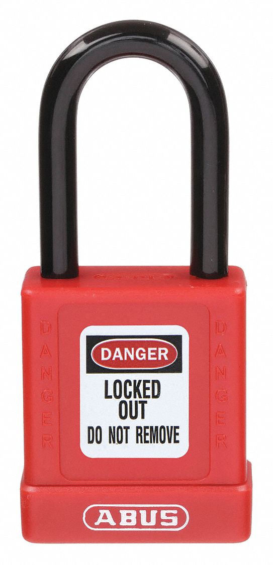 LOCKOUT PADLOCK, KEYED DIFFERENT, PLASTIC-COVERED ALUMINUM, STANDARD BODY, STEEL, RED