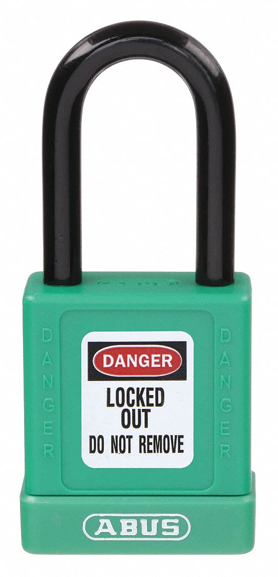 LOCKOUT PADLOCK, KEYED DIFFERENT, PLASTIC-COVERED ALUMINUM, STANDARD BODY, STEEL, GREEN